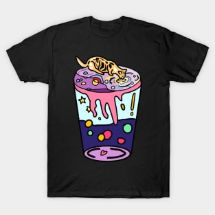 Aesthetic Cat Drinking Boba Milk on Aesthetic Land - Blue T-Shirt